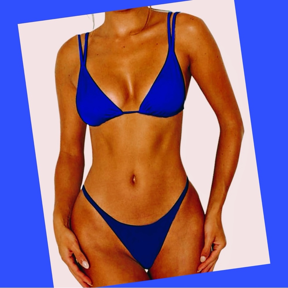 Royal Blue Sexy Thong Bottom Two Piece Bikini Double Shoulder Straps